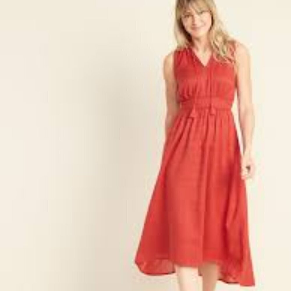 Women's Old Navy Waist-Defined Ruffled Tie-Neck Midi Dress
